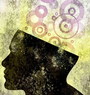 drawing of a person's head in silhouette. The top of the head has been cute off, and there are randomly sized circles being released from the head indicating thought, creativity, ideas, genius, etc.